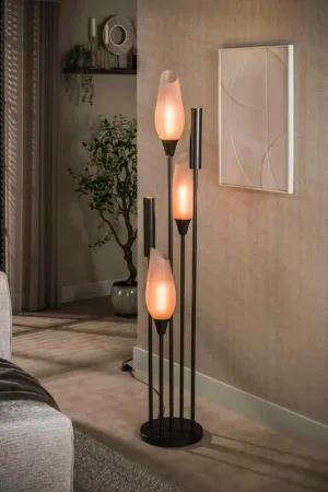 Authentique Lampadaire salon verre dépoli brun et métal bronze 5 lampes NIAGARA