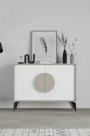 Prix Réduit Buffet 2 portes blanc et moka poignée circulaire JENA
