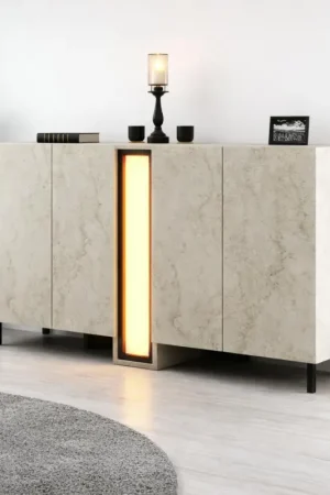 Certifié Buffet salle à manger 4 portes décor travertin colonne LED AURA