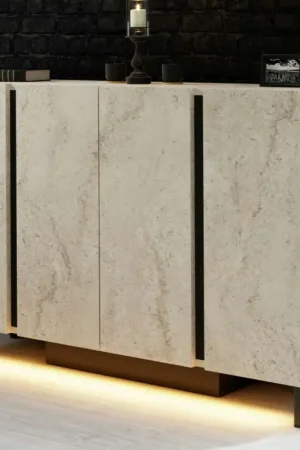 Buffet salle à manger 4 portes LED décor travertin AURA Pas Cher