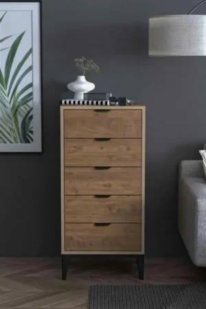 Commode étroite 5 tiroirs décor pin BYRON Prix Bas