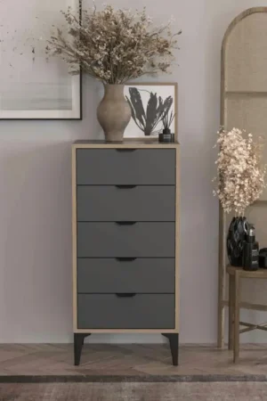 Top Vente Commode étroite gris foncé 5 tiroirs BYRON