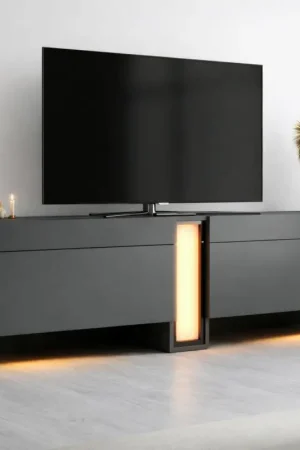 Meuble TV 2 portes gris foncé colonne LED télécommande AURA Populaire