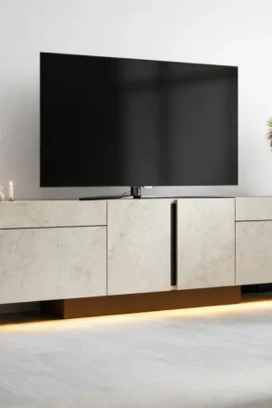Meuble TV 4 portes décor travertin LED à télécommande AURA Authentique