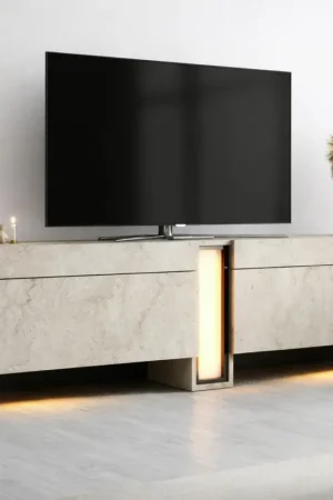 Prix Cassé Meuble TV 2 portes décor travertin à colonne LED AURA