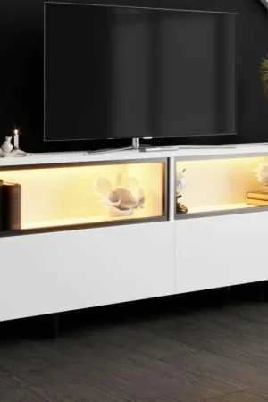 Affaire À Saisir Meuble TV blanc 2 portes 2 niches hautes LED AURA