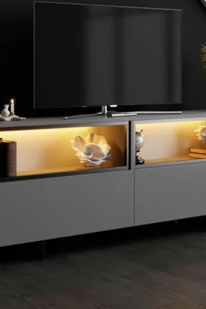 Seulement Aujourd'hui Meuble TV gris foncé 2 portes 2 niches hautes LED AURA