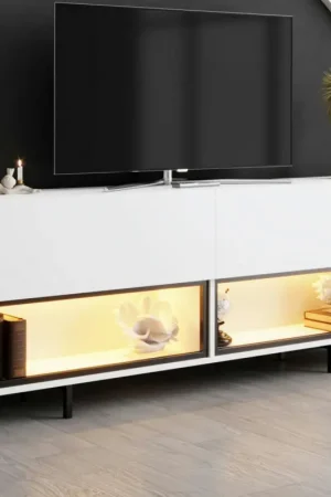 Meuble TV blanc 2 portes 2 niches LED à télécommande AURA Pas Cher