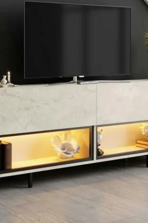 Meuble TV décor travertin 2 portes 2 niches LED AURA Commander Maintenant