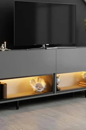 Quantité Limitée Meuble TV gris foncé 2 portes 2 niches LED à télécommande AURA