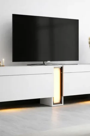 Meuble TV 2 portes blanc colonne LED à télécommande AURA Populaire