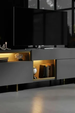 Prix Bas buffet gris foncé et doré 2 portes 3 niches LED AURA
