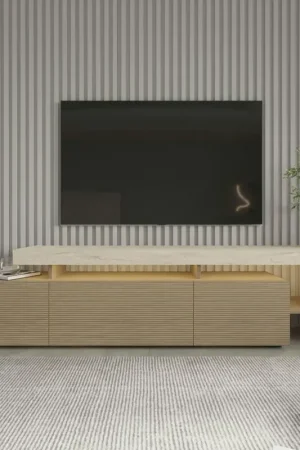 Offre Exclusive Meuble TV 3 portes décor bois travertin cadre ouvert AURA
