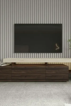 Prix Bas Meuble TV 3 portes décor noyer travertin cadre ouvert AURA