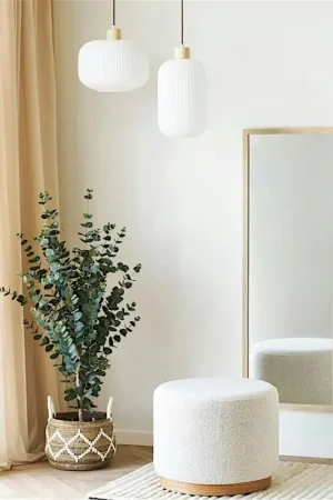 Pouf rond bouclette sable et bois clair BERLIN Prix Réduit