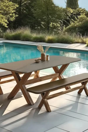 Quantité Limitée Ensemble table 200 cm et bancs effet béton marron pieds en bois d'acacia CALVI