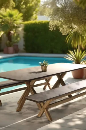 Table à manger 240 cm effet béton marron pieds en bois d'acacia CALVI Dernière Chance