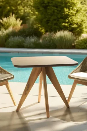Retour Gratuit Table à manger carrée 90 cm effet béton marron pied bois d'acacia CALVI