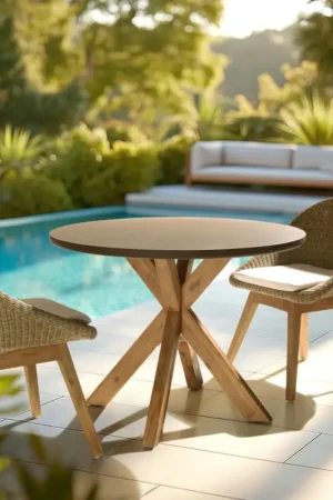 Table à manger ronde effet béton marron pied en bois d'acacia D100cm CALVI Must-Have