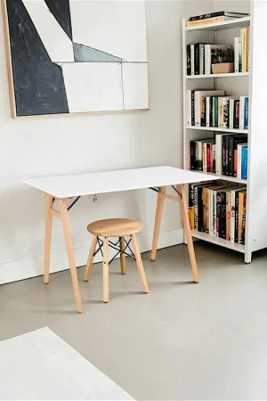 Bureau blanc moderne pieds bois style tréteau 120 cm OTTA Produit De Marque