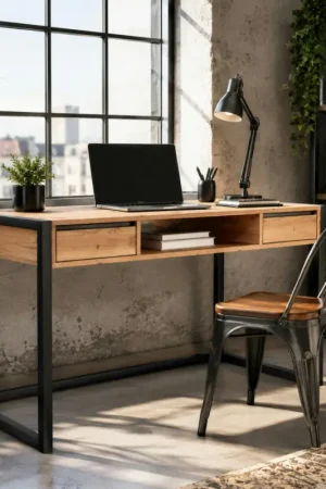 Bureau de chambre effet bois 2 tiroirs 1 niche ALVA Meilleur Choix