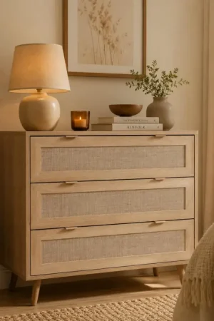 Commode bohème 3 tiroirs effet rotin SONA Prix Cassé