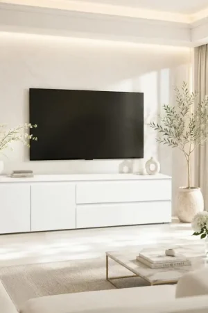 Acheter En Ligne Long meuble TV blanc 2 portes 2 tiroirs ALVA