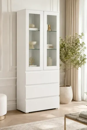 Vaisselier vitrine blanc moderne 2 portes 3 tiroirs ALVA Pas Cher