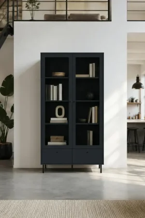 Bibliothèque vitrine bleu sombre 2 portes 1 tiroir RAVEN Bon Marché