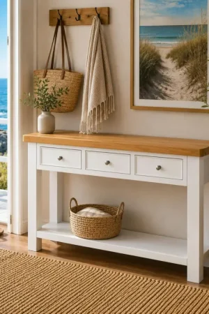 Console blanche style bord de mer 3 tiroirs VELIA Offre Du Jour