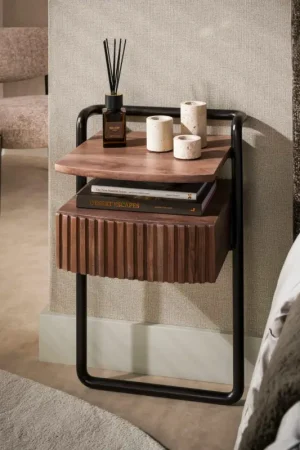 Livraison Express Table de chevet murale bois foncé 1 tablette 1 tiroir NAKO