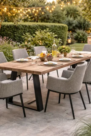 Commander Vite Table de jardin Margarite Gescova - cadre noir et plateau teck massif - 300x110 cm