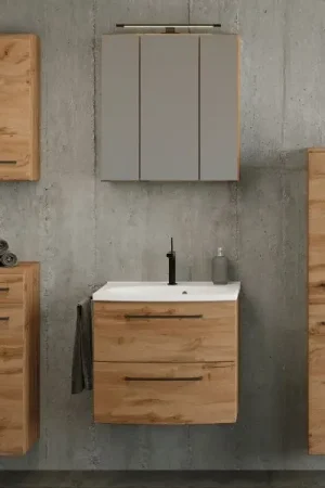 Prix Réduit Ensemble de salle de bains Manchester | Meuble lavabo, armoire colonne, armoire de toilette avec éclairage, armoire murale, armoire latérale | Chêne Wotan