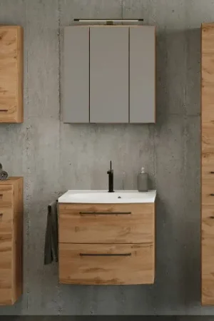 Ensemble de salle de bains Manchester | Meuble lavabo, armoire colonne, armoire de toilette avec éclairage, armoire murale, armoire latérale | Chêne Wotan Authentique