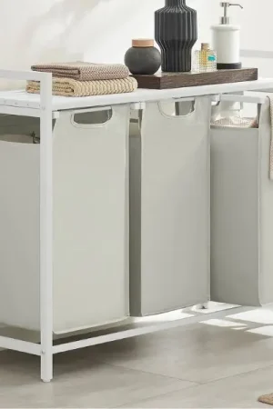 Panier à linge avec étagère Polly | Trois compartiments | 92,5 x 33 x 72 cm | Blanc Vente Flash