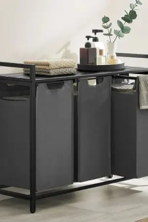 Soldes Panier à linge avec étagère Polly | Trois compartiments | 92,5 x 33 x 72 cm | Gris