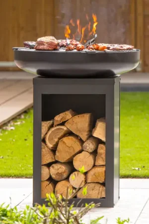 Nouvel Arrivage Barbecue Pallas avec rangement pour le bois et planche en fonte - noir
