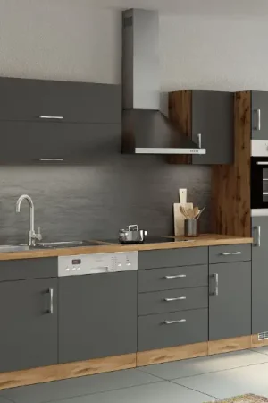 Expédié Aujourd'hui Kitchenette Sorrella 270cm avec espace pour lave-vaisselle, four et réfrigérateur - anthracite/chêne
