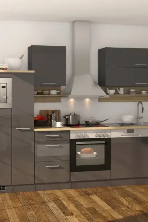 Top Vente Kitchenette Ragnar 310cm avec espace pour micro-ondes, réfrigérateur, four et lave-vaisselle - anthracite brillant