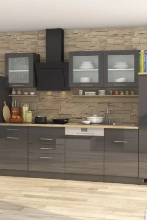 Acheter En Ligne Kitchenette Ragnar 330cm avec espace pour four, micro-ondes, lave-vaisselle et réfrigérateur - anthracite brillant