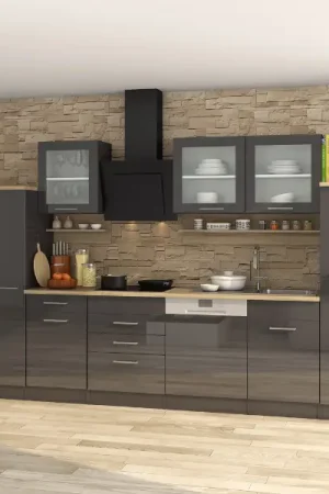 Acheter Direct Kitchenette Ragnar 370cm avec espace pour four, micro-ondes, lave-vaisselle et réfrigérateur - anthracite brillant