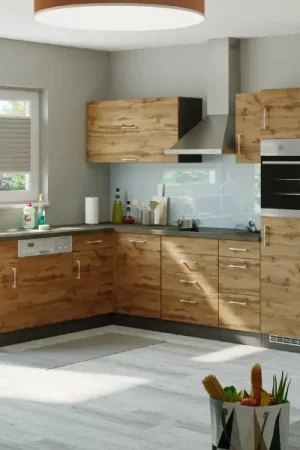 Achetez Aujourd'hui Kitchenette forme L Sorrella 270cm avec espace pour four, lave-vaisselle et réfrigérateur - chêne/graphite