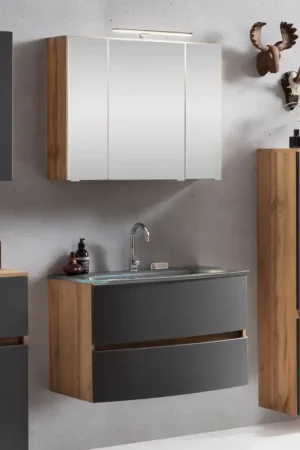 Acheter Direct Ensemble salle de bains Kornel 1 à 2 pièces avec vasque grise - chêne/gris