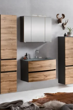 Vente Directe Ensemble salle de bains Kornel 10 à 4 pièces avec vasque grise - gris graphite/chêne