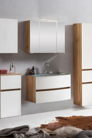 Bon Plan Ensemble de salle de bains Kornel 14 à 5 pièces avec vasque grise - chêne/blanc mat