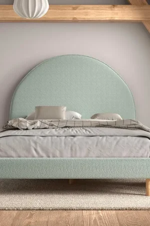 Prix Promo Lit rembourré Maeva 140x200cm avec deux tables de nuit - tissu bouclé vert