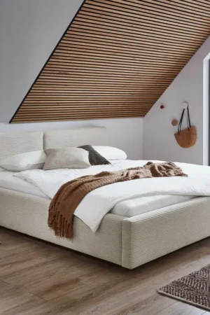 Bon Plan Lit double Kubrik 180x200cm avec espace de rangement velours côtelé - beige