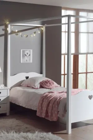 Lit baldaquin 90x200 cm et table de chevet Amori-blanc Top Vente