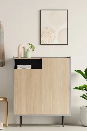 Armoire à chaussures Anjes 2 portes tournantes, 1 niche et 4 étagères-chêne clair/gris céladon Prix Promo