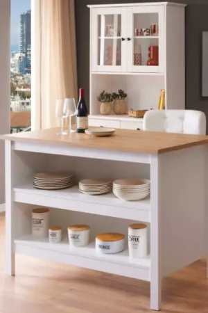 Îlot de cuisson Julina | Plateau en chêne massif | 124 x 75 x 91,5 cm | Couleur : Blanc Meilleur Prix